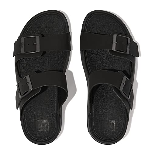 Fitflop Men's Gogh Moc Buckle Leather Slides Sandal, Black, 43 EU