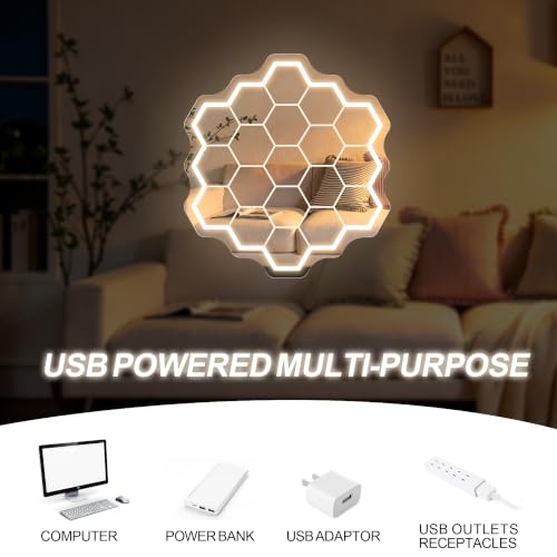 Image of Colmena Mirror Neon Sign, Hexagon Mirror LED Light | USB Powered Dimmable Mirror Light, Aesthetic Wall Art for Bedroom Entrance Home Party Decoration Gift, 14.4 inchx13.4 inch