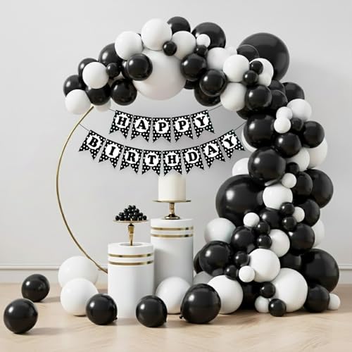 Image of Rozi Decoration Black and White Balloon Decoration Kit with Happy Birthday Paper Banner, 32 Pieces Party Decor Set for Birthday Celebration, Home and Event Decoration