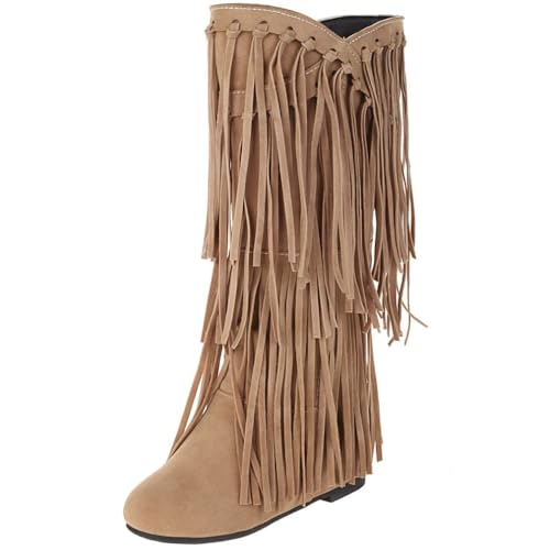 Womens Fringe Western Boots Fashion Hidden Heel Knee-high Boots Round Toe Platform Tassel Moccasin Boots