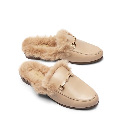 DREAM PAIRS Mules for Women Flats Comfortable Buckle Mules Slip on Slides Backless Loafers Shoes,Size 6,Nude-Fur,SDML2401W