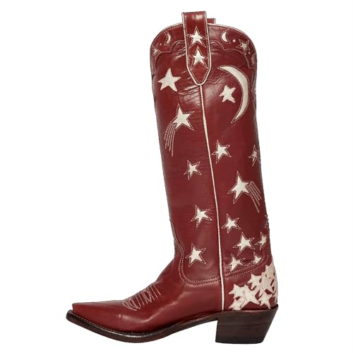 Womens Embroidered Cowboy Boots Almond Round Toe Pull On Cowgirl Boots Moon and Star Inlay Western Boots