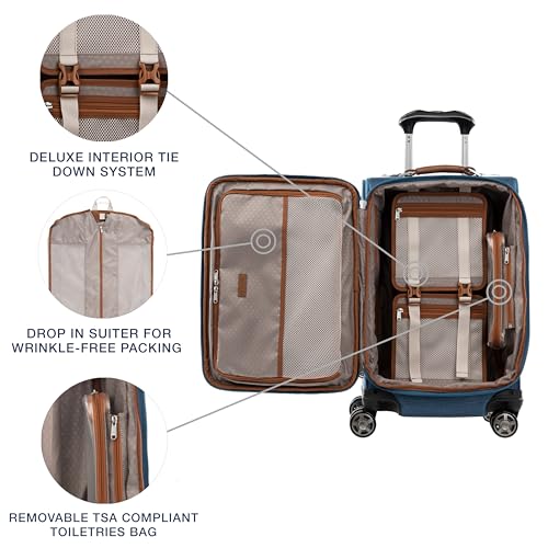 Image of Travelpro Platinum Elite Softside Expandable Carry on Luggage, 8 Wheel Spinner Suitcase, USB Port, Suiter, Men and Women, Coastal Blue, Carry On 21-Inch
