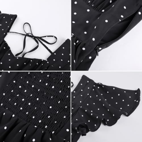 Women's Vintage 1950s White Polka Dots Tea Party Dress Short Sleeve Square Neck Tiered Black Wedding Guest Dress S — view 2