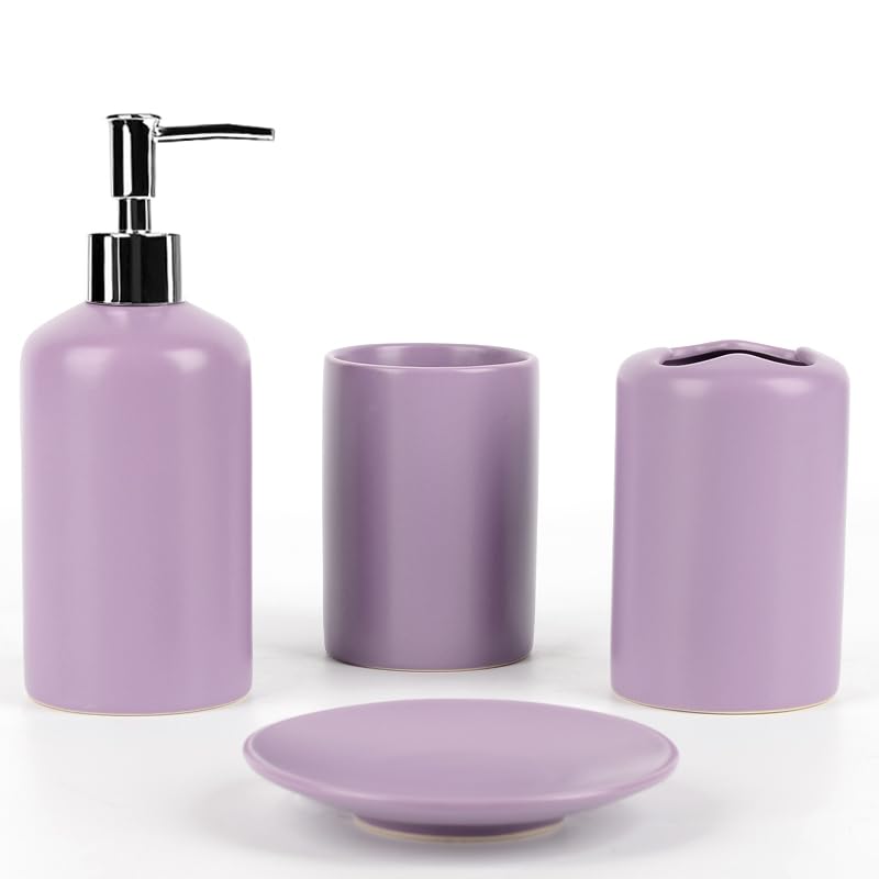 WPM 4 Piece Ceramic Bathroom Accessories Set - Purple - Our Complete Bath Decor Kit Includes Designer Soap or Lotion Dispenser - Toothbrush Holder - Tumbler - Soap Dish