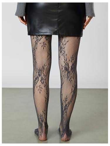 Image of RoseSeek Women's Floral Lace Fishnet Tights Kawaii Y2K See Through Stocking | Sheer Mesh, Lace Tights, Floral Lace Fishnet Tights, Thigh Highs, Leggings, Y2K Stockings