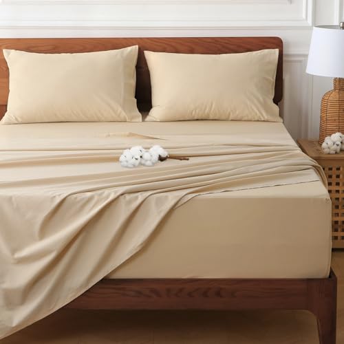 HYPREST Deep Pocket Queen Sheets Beige-100% Cotton Sheet Sets Fits 18"-24" in Deep Mattress, Hotel Luxury Soft Wrinkle Free Cooling Sheet Sets for Queen Bed Deep Pocket
