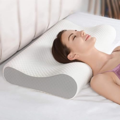 Image of Cervical Contour Memory Foam Pillow for Sleeping,Orthopedic Pillow for Neck Pain, Support for Back,Stomach,Side Sleepers, with Breathable Zip Cover (19X12X4INCH) (White) (Grey)