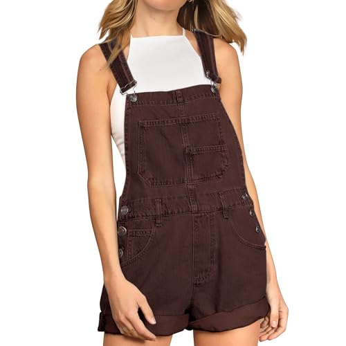 Talakeno Womens Casual Denim Bib Overall Shorts Adjustable Straps Cuffed Hem Shortall Rompers(Brown L)