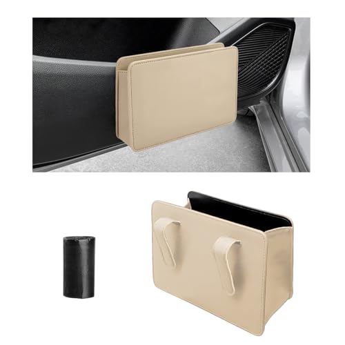 Image of Car Trash Can, Waterproof Leather Hanging Storage Container Vehicle Dustbin, Auto Foldable Mini Garbage Organizer Trash Bag for Truck SUV RV, Essential Car Accessories (Beige)