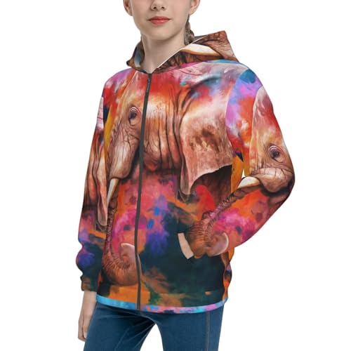 Oil Paintings of Elephants Kids Pullover Hoodies Boys Zip Up Sweatshirts Girls Athletic Clothes with Pocket
