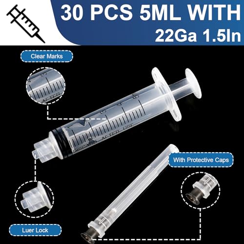 Image of 30 Pack 5ml Syringes with Needle-22Ga 1.5 Inch Needle with Luer Lock, Individually Sealed Packaging