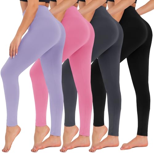 CAMPSNAIL 4 Pack Leggings for Women - High Waisted Tummy Control Yoga Pants for Workout Gym Black Leggings Plus Size Dance Large-X-Large 4 Packs, Black/Dark Grey/Light Purple/Pink