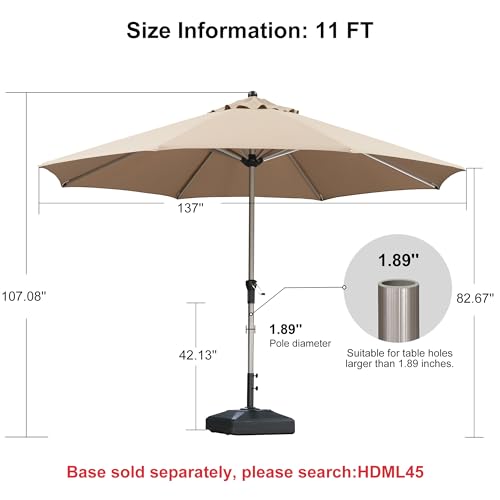 Image of PURPLE LEAF Patio Umbrella 11 FT Round Large Aluminum Frame Taupe