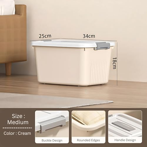 Image of KREPS Plastic Storage Bins With Latching Lids Stackable Containers, Large Storage Box For Bedroom, Basement, Classroom, Camping, Office (CREAM, MEDIUM - 12 X 8.5 X 7 INCH, PACK OF - 3)