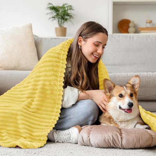 Image of BEDELITE Fleece Throw Blanket for Couch - 3D Ribbed Jacquard Soft and Warm Decorative Fuzzy Blanket - Cozy, Fluffy, Plush Lightweight Light Yellow Throw Blankets for Bed, Sofa, 50x60 inches