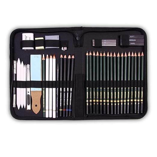 Image of Levin Art Sketching Pencils Drawing Kit 42 Pcs with Zippered Carrying Case (26 Pencil 6 Sticks 3 Stumps 3 Eraser 1 Sharpener 1 Sand Paper 1 Cutter 1 Extender 1 Carry Case) (1 needle pen free)