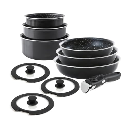 QDESIGN - Batería de cocina (11 unidades, cacerolas+sartenes+tapas+asas extraíbles, aluminio antiadherente sin PFOA, todo tipo de fuegos, incluido inducción, apto para lavavajillas y nevera, color