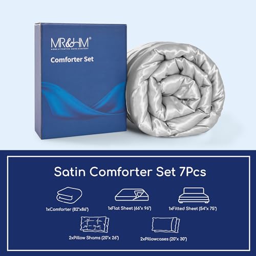 MR&HM Satin Comforter Full 7 Pieces - Luxurious Pinch Pleat Bedding Set with Comforter, Flat Sheet, Fitted Sheet, Pillowcases & Shams, Super Silky Soft Bed Set for All Season (Full, Silver Grey)