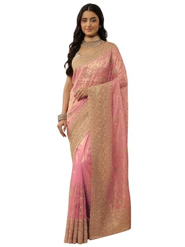 Image of Libas Embroidered Nylon Saree for Women With Unstitched Blouse Piece | Traditional Saree for Festive & Wedding