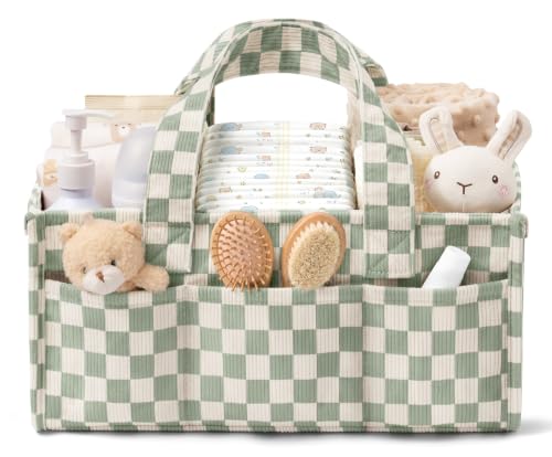Image of Corduroy Baby Diaper Caddy Organizer with Handles, Nursery Storage Basket