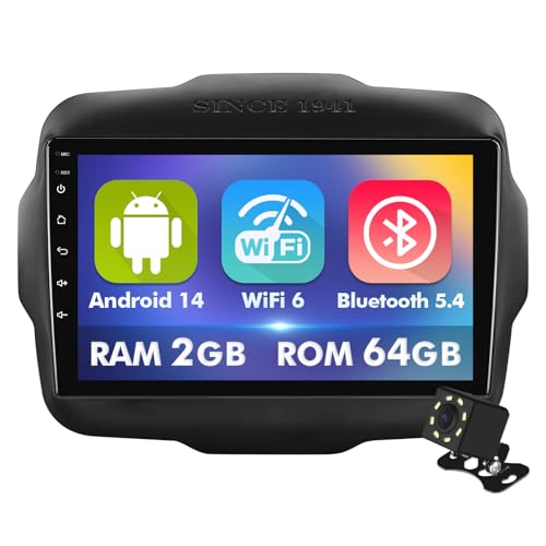 9 Inch IPS Touchscreen Android 14 Car Stereo for Jeep Renegade 2015-2020 with Wireless CarPlay & Android Auto 2+64GB Car Radio, Support WiFi 6, Bluetooth,5.4, Backup Camera, SWC
