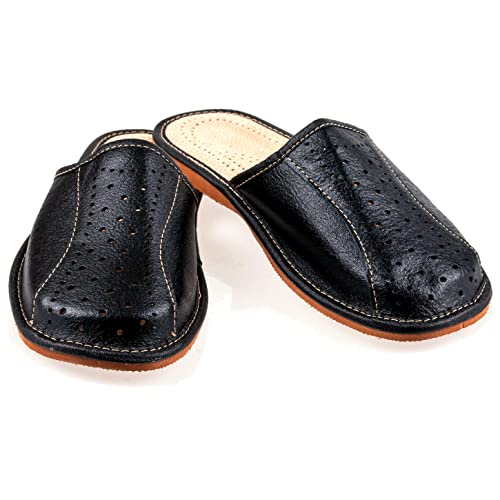 SolaDirect Men's Leather Slippers Shoes Comfort Sandals Slip On Mules Black (Size UK 9 / EU 43)