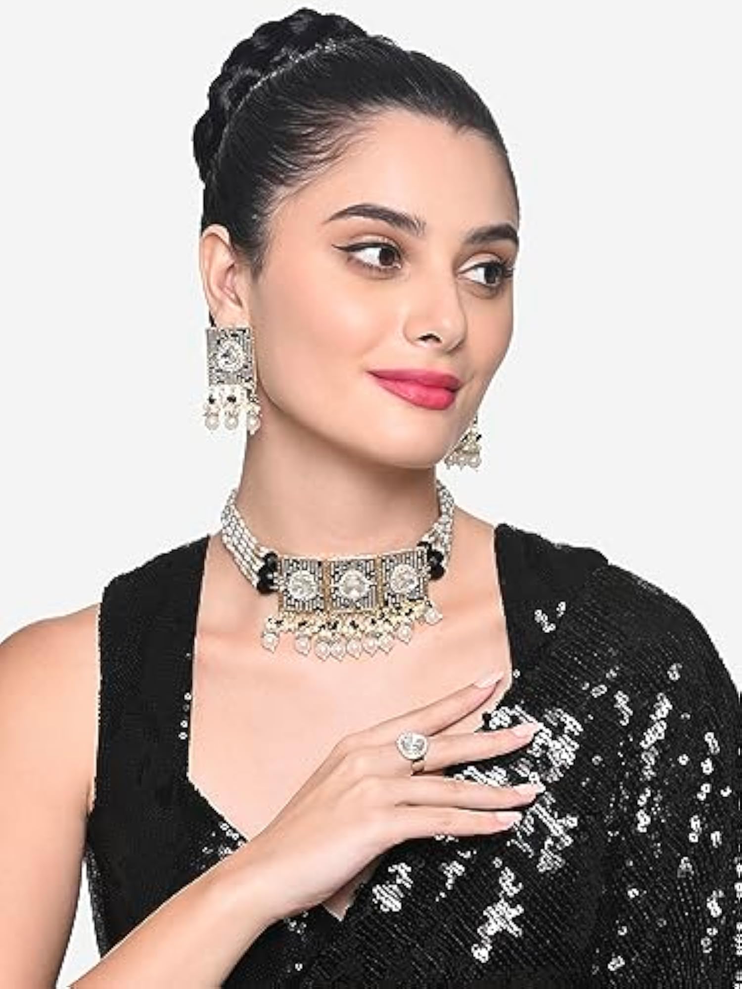 Women's Grey Multistrand Beaded Cluster Choker Necklace Earring & Ring Set