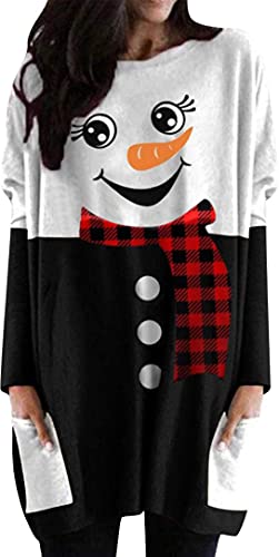 MOUSYA Women Dress Shirt Christmas Long Sleeve Tops Santa Printed Pullover Loose Plus Size T-Shirt Blouse with Pockets Black White