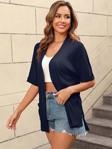 Image of Women's Lightweight Open Front Cardigans Short Sleeve Casual Soft Sheer Cardigan S-2XL with Pockets