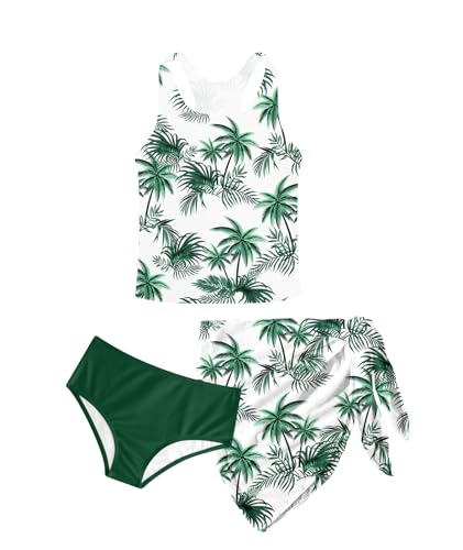 Lovekider 11-12 Years Girls Swimsuits 3D Printed Hawaiian Tropical Tree 3 Piece Bathing Suits with Cover Up Racerback Swimwear Tankini Set for Surfing Size 11 12
