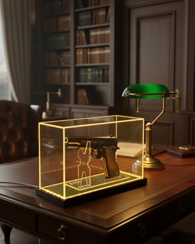 Image of Premium Acrylic Pistol Display Case with Amber Yellow LED Light, Solid Wood Base & Built-in Stand | UV Resistant Pistol Display Box for Gun Collector, Fits Most Pistols - 12 inch x 5.3 inch x 7.5 inch