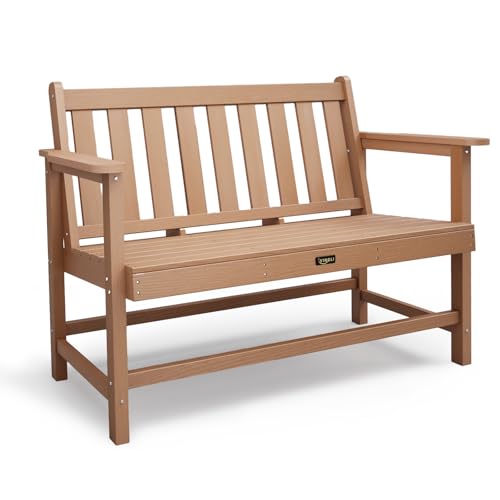 Image of VINGLI 49in HDPE Outdoor Bench with Backrest and Armrests, 2-Person Weatherproof Patio Bench, Heavy Duty 600 lbs Capacity, Low Maintenance Garden Benches for Porch Backyard Poolside Park (Teak)