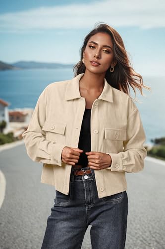 IWOLLENCE Women's Cropped Shacket Jacket Fashion Button Down Corduroy Shacket Jackets Casual Crop Shirts Fall Coat Tops3