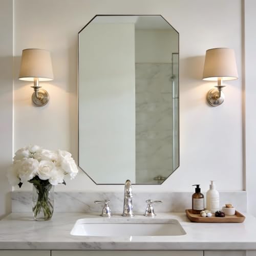 Image of ANDY STAR Brushed Nickel Octagon Bathroom Mirror, 24x40 Inch Stainless Steel Metal Frame, Anti-Rust, Shatterproof HD Glass, Wall Mounted for Bathroom, Bedroom, Living Room