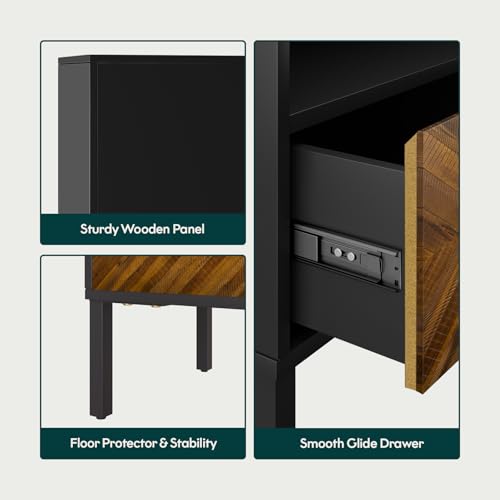 Image of Bme Vivian Side Tables Bedroom, Solid Wood Bed Side Table, Mid Century Modern End Table with Drawer, Herringbone Pattern, Compact for Bedroom & Living Room, Easy Assembly, Chestnut