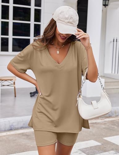 Image of Ekouaer Womens Pajamas 2 Piece Lounge Sets Oversized V Neck T-Shirts Tops Biker Shorts Set Workout Reversible Tracksuit S-XXL