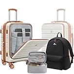 KEYTANG SmileLine Hardside Expandable Luggage W/Quick Access Front Open Pocket Lightweight Carry-on with Makeup Bag, White-Brown, 20(Front Open)/BP/MB, Light Weight Hardside Expandable Spinner Wheels