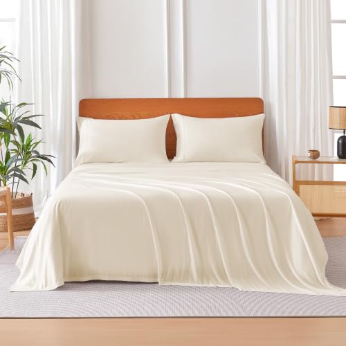 Image of Amazon Basics Jersey Knit 4-Piece Sheet Set, Wrinkle Resistant and Easy Fit, Includes 16 inch Deep Pocket Fitted Sheet, 1 Flat Sheet and 2 Pillowcases, Full, Ivory White