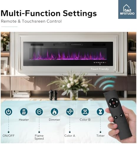 MFSTUDIO 72 inches Electric Fireplace with Remote Control & Touch Screen, Recessed and Wall Mounted Fireplace Heater, Linear Fireplace Insert with 12 Colors Adjustable Flame Color, Timer, 750w/1500w - Thumbnail 4