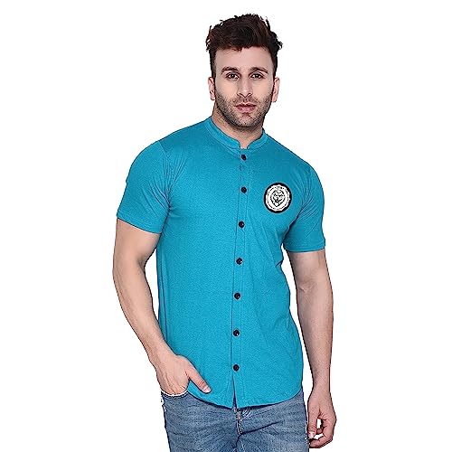 Image of Geum Men's Mandarin Collar Shirt with Graphic Print| Short Sleeve Cotton Blend Slim Fit Casual Shirt for Men