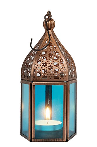 Lanternas, lanternas de jardim, lanternas de ferro, orientais, marroquinos, árabe-mediterrânicos, de Marrocos (Meena 16 cm) para velas. (azul)