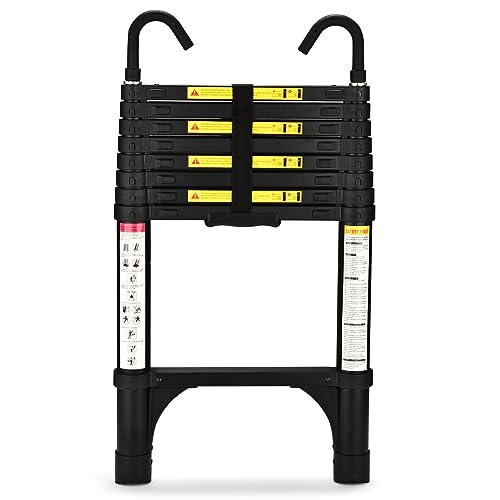 HBTower 2,6m Teleskopleiter Aluminium mit Haken, Leichte Ausziehleiter, Leiter Ausziehbar, klappbare Leiter für Dachböden, Caravans, 150kg Tragfähigkeit, Schwarz