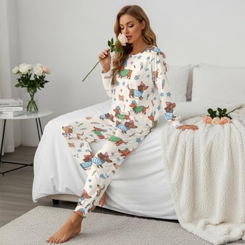 Image of Women's 2 Piece Printed Pajama Set Long Sleeve Sleepwear Set with Long Pants Casual Lounge Sets with Pocket
