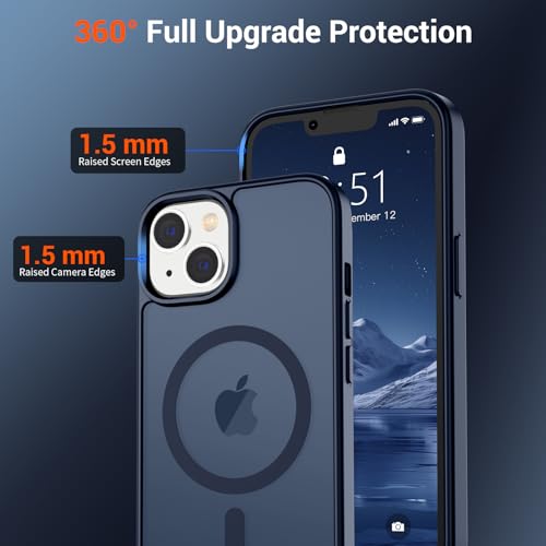 Image of SUPFINE Magnetic for iPhone 14 Case & iPhone 13 Case with Screen Protector (Compatible with MagSafe)(Military Grade Drop Protection) Translucent Matte Shockproof Phone Cover,Dark Blue