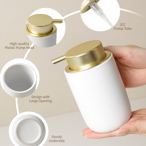 Image of BosilunLife Lotion Pump Dispenser for Bathroom, Kitchen, Countertop | Hand Soap Dispenser Bathroom Ceramic Dish Liquid Soap Dispenser (White with Gold, Liquid Pump)
