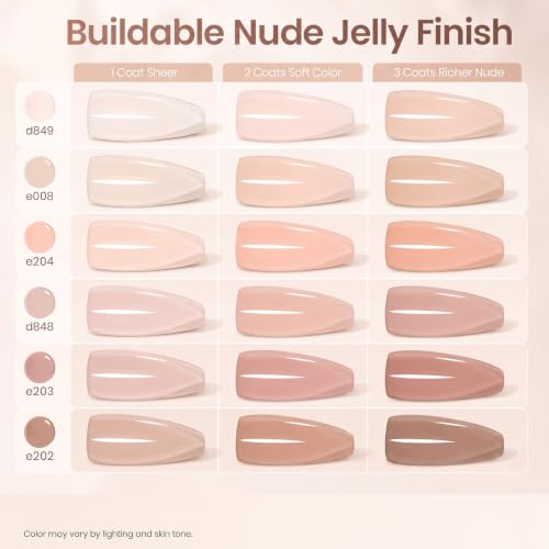 Image of Beetles Nude Gel Nail Polish Set - 6 Colors Neutral Nude Jelly Gel Nail Polish Kit Sheer Transparent Effect Soak Off UV DIY Dusky Mocha French Nail Art Manicure Gifts for Women