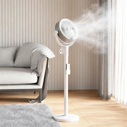 Image of Adjustable Stand Fan with Remote Control – Misting Circulation Electric Fan, Height Adjustable, Rechargeable energy storage, Oscillating Pedestal Fan with Timer for Home, Bedroom & Office (White)