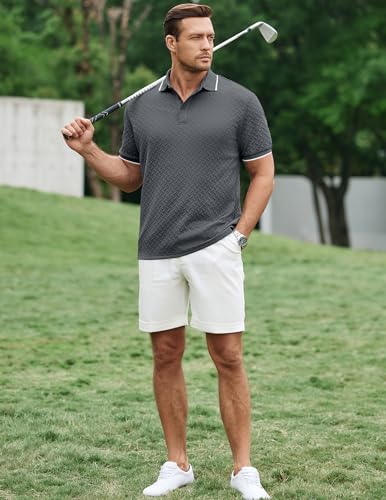 Image of JMIERR Mens Casual Polo Shirt Short Sleeve Vacation Button Summer Beach Knit Stretchy Golf Shirts