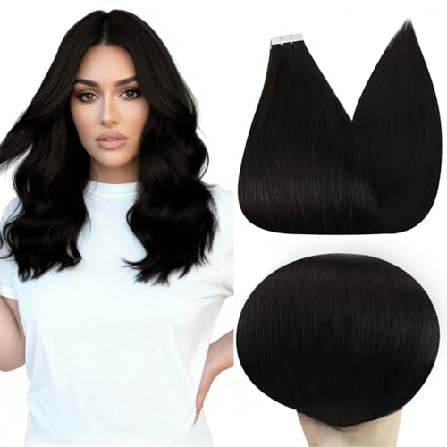 Image of Full Shine Black Tape in Hair Extensions Human Hair, 18 Inch 50g 20 PCS | Invisible Double Sided Hair Extensions Tape in, Seamless Design Soft Texture Natural Volume for Daily Wear